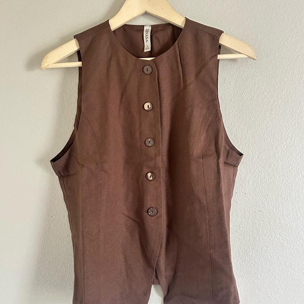 Zenana brown linen vest with button front, size L I-15